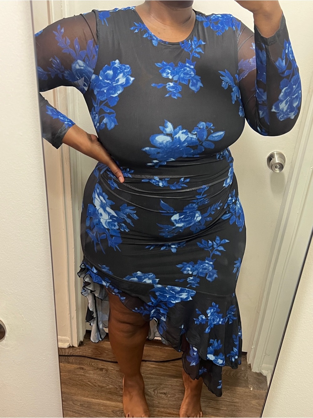 Long Sleeve Floral Mesh Ruffle Hem Maxi Dress - Blue/Black (XXL)